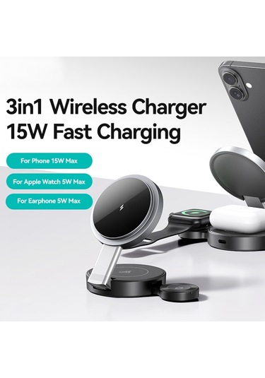 Usams Cd234 Katlanır 3'ü 1 Arada Manyetik Kablosuz Hızlı Şarj Cihazı Siyah