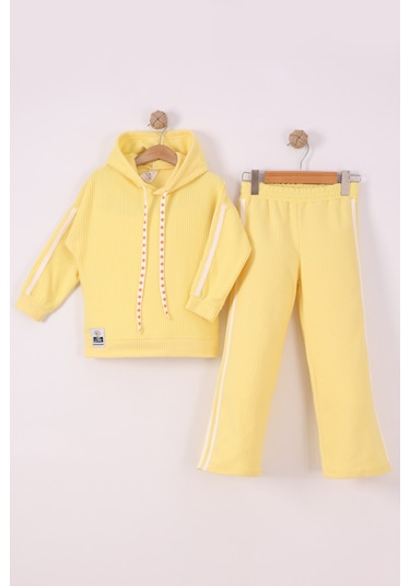 Monox Kız Çocuk Çiçek Baskılı İpli Şeritli Pantolon Fitilli Polar Takım Sarı