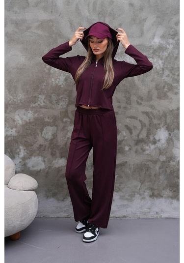 Elaxi Modal Kumaş Slim Fit Kapüşonlu İkili Takım Bordo