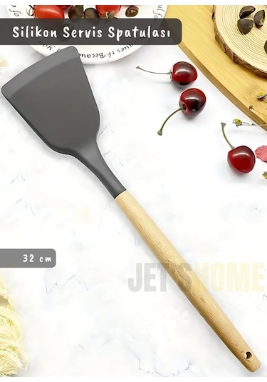 Silikon Servis Spatula Mutfak Kaşığı Pasta Spatulası Ahşap Saplı 32 Cm Gri