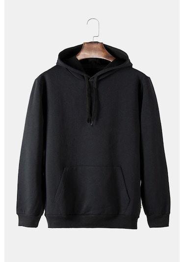 Unisex Siyah Kapüşonlu Arkası Polizei Baskılı Slim Fit Kanguru Cepli Sweatshirt Siyah