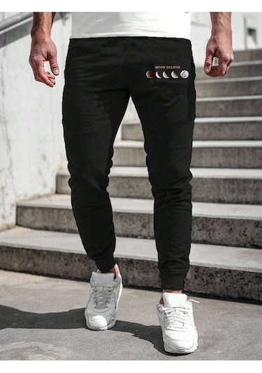Moon Eclipse Eşofman Altı Jogger - Siyah Baskılı Lastik Paça Yüksel Bel Siyah