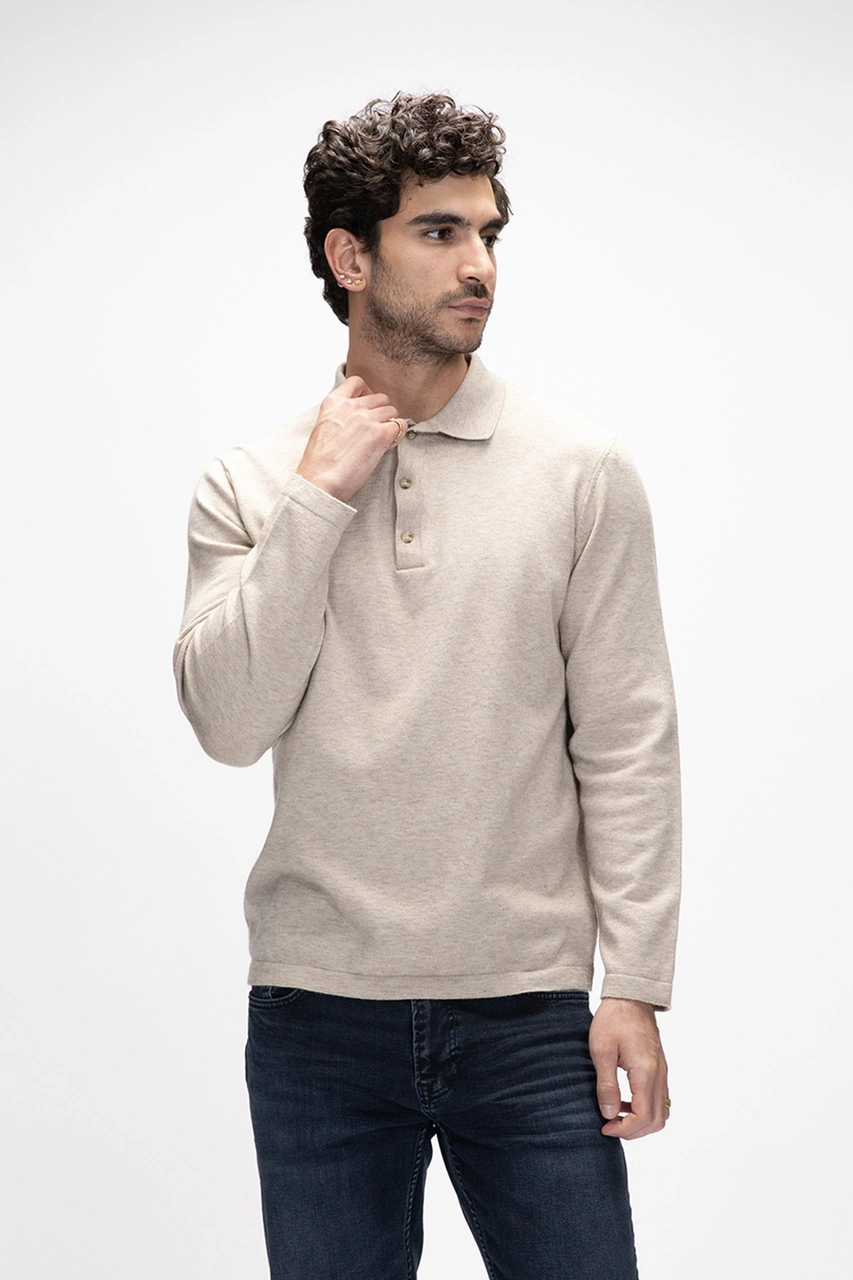 Kuger Bej Polo Yaka Erkek Triko Kazak Bej