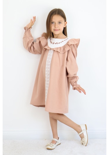 Miababy Nakış Detaylı Keten Elbise 1-8 Yaş Kahverengi