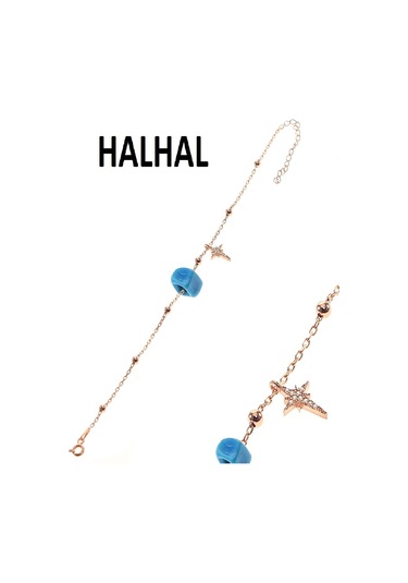 Gümüş Kutup Yıldızı ve Turkuaz Taşlı Toplu Zincir Halhal Turkuaz