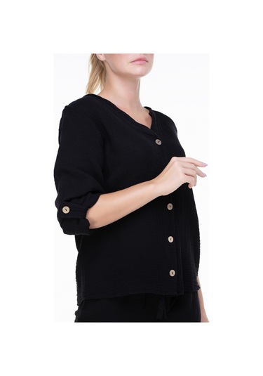 Uzun Kol Müslin Sedef Gömlek Siyah Syh-siyah Siyah