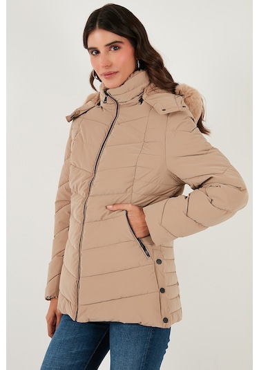 Lela Kapitoneli Slim Fit Çıkarılabilir Kapüşonlu Bayan Mont 497Mara Bej