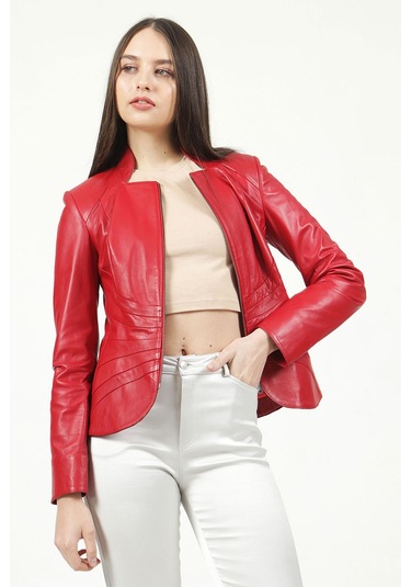 Dericlub Yb-2157 Gerçek Deri Kadın Mont Kırmızı