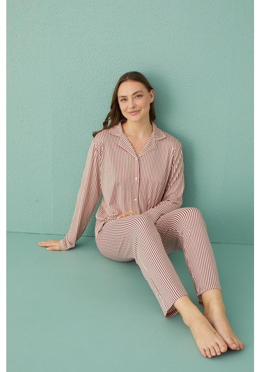 Kadın 50701-287 Önü Düğmeli Pijama Takımı Mürdüm MÜRDÜM
