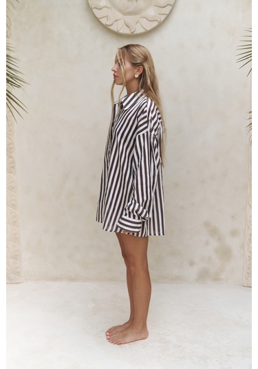 Rosy Transparan Çizgili Kahve Oversize Gömlek Kahve