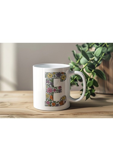 E Baş Harf Çiçek Desenleri İle Natural Tarz Kupa Bardak - Kişiye Özel Çiçekli Kahve Çay Bardak - Beyaz