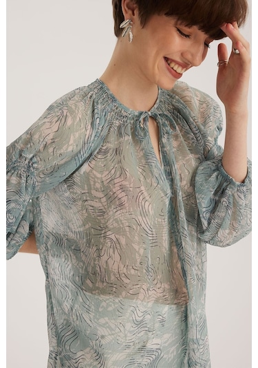 Stella Pulvis Mavi Bağlama Detaylı Reglan Kol Yuvarlak Yaka Bluz