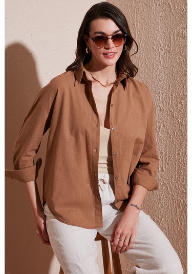 Lela Pamuklu Regular Fit Uzun Kollu Düz Bayan Gömlek Cf25S168305 Camel