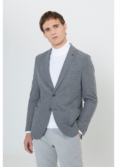 Erkek Sıyah Grı Slim Fit Dar Kesim Mono Yaka Armürlü Torba Cepli Ceket Sıyah Grı