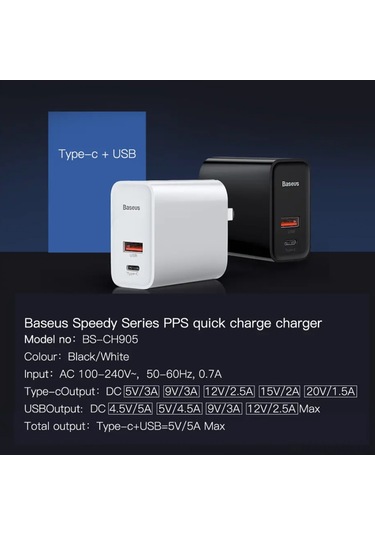 Xiyyadms Baseus 30w Hızlı Şarj Cihazı, Usb+type-c Çift Port, Pd3.0/qc3.0 Desteği, 100-240v, Katlanabilir Şarj Aleti, Siyah