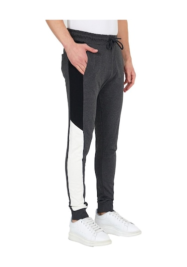 Adams Erkek Fit Siyah/Beyaz Şeritli Antrasit Eşofman Altı