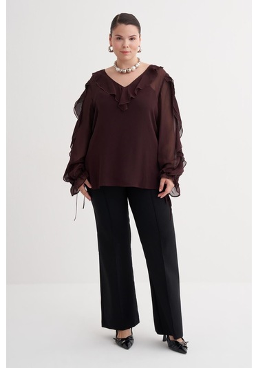 Fırfır Detaylı Şifon Bluz-6219 Bordo