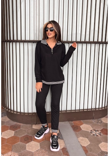 Leyla Sanat Sanata Yeni Bir Bakış Açısı Kadın Uzun Kollu Ribana Ve Fermuar Detay Bluz Ve Yüksel Bel Pantolon 2li Takım Siyah