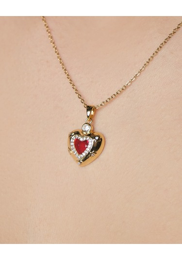 Lekka Design Kadın Kararmaz Çelik Takı Kırmızı Zirkon Taşlı Kalp Aşk Kolye Altın