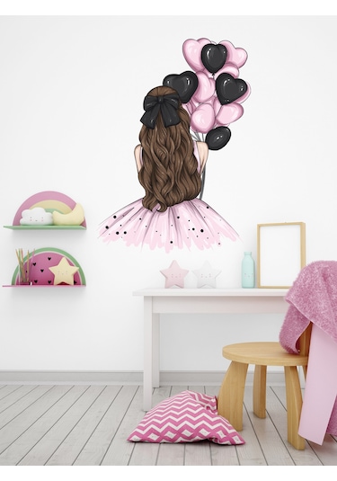 Çocuk Odası Pembe Elbiseli, Pembe Siyah Balonlu Kız Cam, Duvar Sticker