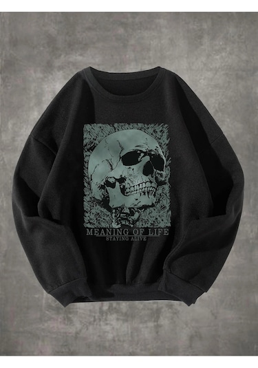Adrift Grunge Punk Skull & Letter Graphic Sweatshirt Siyah Siyah