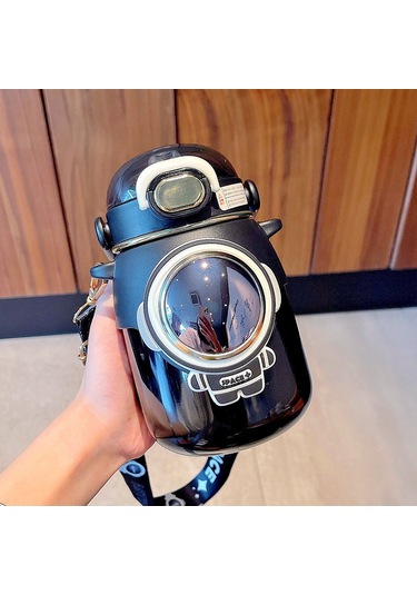 Velvettides Yaratıcı Çocuk Termos Kupası Sevimli Büyük Kapasiteli Saman Kupası Kız Yüksek Değerli Karikatür Paslanmaz Çelik Su Bardağı Siyah