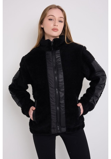 Kadın Siyah Rüzgar Geçirmez Welsoft Çift Cepli Kışlık Mont Siyah