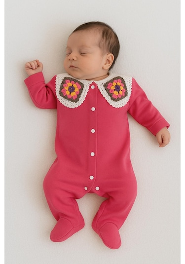 Kız Bebek Wintage Örgü Yaka Detaylı Tulum %100 Pamuk Mercan