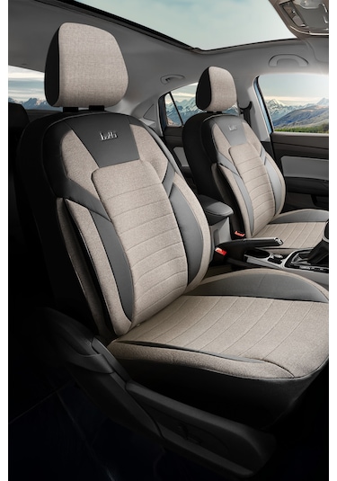Bej - Siyah Butti Lino Serisi Keten Kumaş Premium Oto Koltuk Kılıfı Ortopedik Destekli, Ön Arka Tam Set