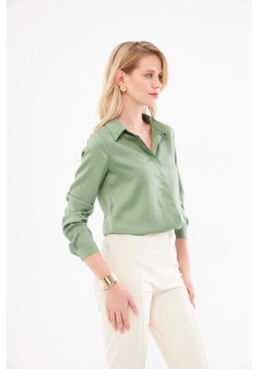 Lovelf Klasik Saten Gömlek Mint Yeşili Mint Yeşili