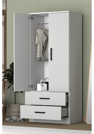 Point 2 Kapaklı 2 Çekmeceli Gardrop Beyaz