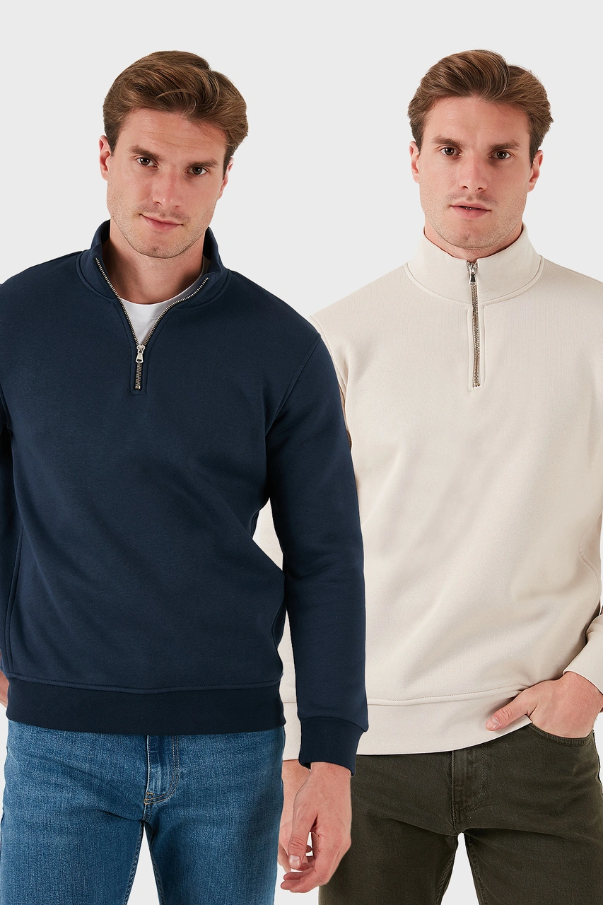 Buratti Pamuklu Regular Fit Dik Yaka 2'Li Paket Erkek Sweat 59052592S2 Kum-Koyu Lacivert