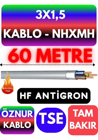 Öznur 3x1,5 Nhxmh Alev İletmez Kablo Metre Seçenekli Gri - 60 Metre