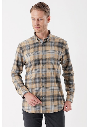 Hardal Uzun Kollu Ekoseli Gabardin Sert Yaka Cepli Garnili Casual Comfort Fit Gömlek 1004235112-hardal Hardal