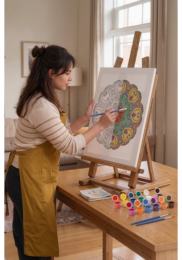 Kalp Motifli Çiçek Mandala Ahşap Boyama Seti 40x50 Cm