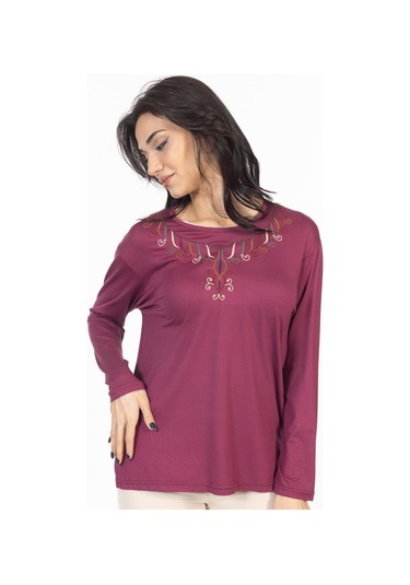 Yeni Model 2024 Nakış İşlemeli Yuvarlak Yaka Likralı Anne Penye Bluz 6450-gül Kurusu