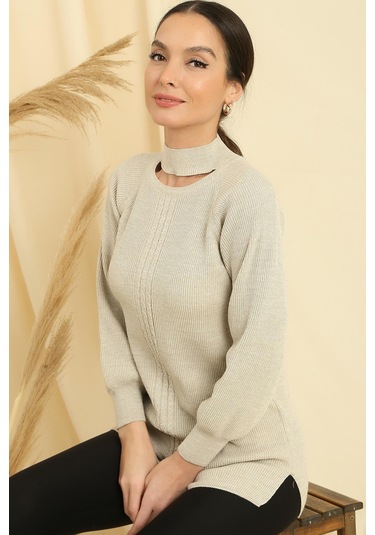 Boyun Dekolteli Saç Örgülü Desen Büyük Beden Spor Tunik Kazak-35294 - Bej