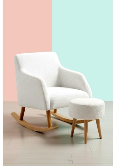 Loop Sallanan Sandalye Ve Puf Seti Ekru Teddy Kumaş Ahşap Ayaklı Berjer - Sallanan Koltuk Puf Beyaz