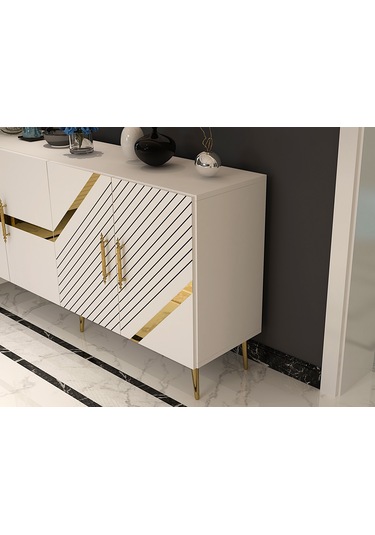 Pınar Konsol Tv Sehpası Çok Amaçlı Dolap 150 Cm Beyaz Altın
