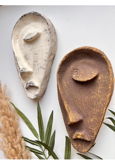 Özel Tasarım El Yapımı Heykel Soyut Yarım Yüz Maske 2'li Set, Duvar Dekor, Modern Ev Ve Ofis Dekoru