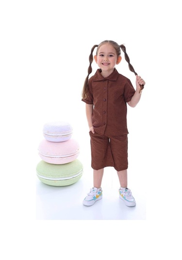 Kız Çocuk Desenli Gömlekli Takım-6369-Kahverengi