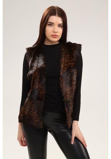 Leatinn Leopar Desenli Kadın Deri Yelek Çok Renkli