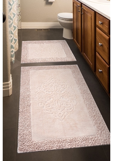 Tiffany 2'li Pamuklu Klozet Takımı, Pudra Banyo Paspas Seti 60 x 100 / 50 x 60 CM Pudra