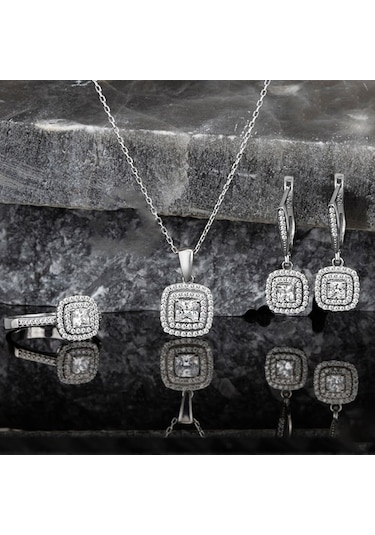 Pırlanta Modeli Çift Sıralı Gümüş 3Lü Takı Seti