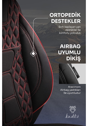 Siyah - Kırmızı Buttı Speedy Serisi Premium Oto Koltuk Kılıfı Ortopedik Destekli, Ön Arka Tam Set, Aırbag Uyumlu