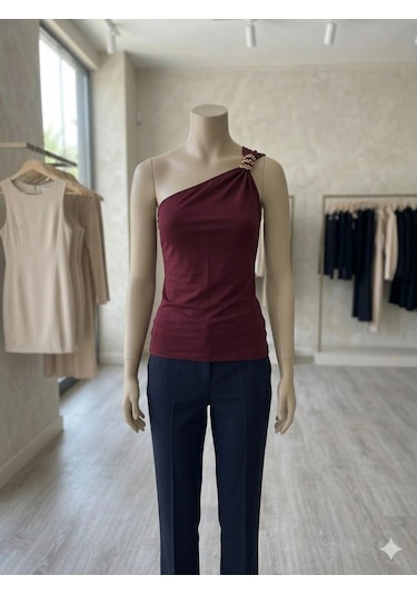 Asvella Trend Tek Omuz Detaylı Şık Bluz Bordo