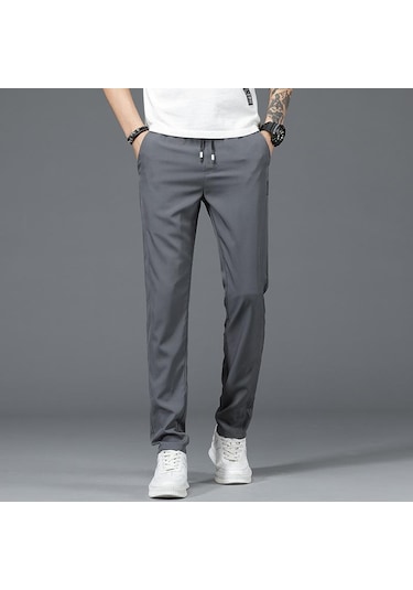 Yaz Erkek Günlük Pantolon Ince Kesit Gevşek Kore Trend Düz Yaz Polyester Buz Ipek Spor Pantolon Erkek Koyu Gri