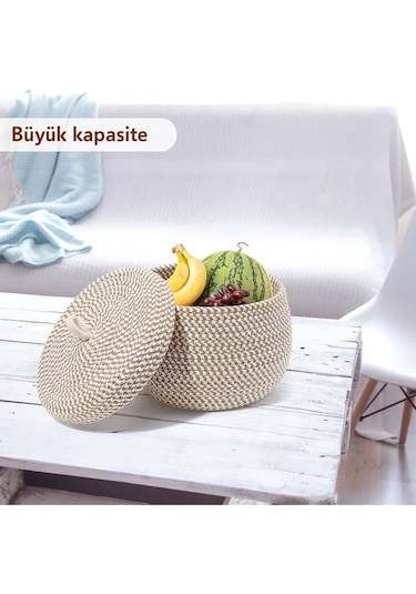 Mutfak, Banyo Ve Ev İçin Halat Hasır Sepet 17x21 Cm Kapaklı Saklama Sepeti Honeypot Bej - Kırçıl