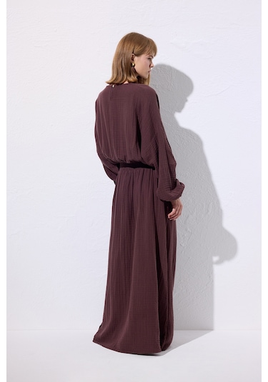 Müslin Beli Büzgülü Elbise Mürdüm Mürdüm