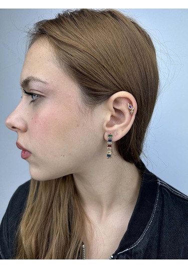 Su Yolu, Çok Renkli Zirkon Taşlı, Paslanmaz Çelik Küpe 30, Kasa Altın Renk Altın